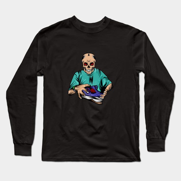 vector image with a person with a skull head holding a shoe Long Sleeve T-Shirt by Innometrics